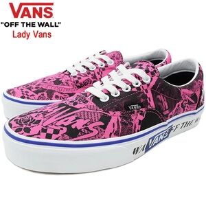 Vans lady era pink black‎ rose graphic skate shoes Women's size 5.5 New